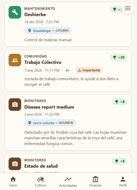 Registro de actividades en Koffibinz