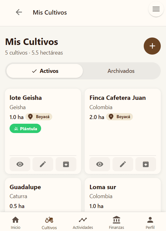 Lotes georeferenciados con región y hectáreas en Koffibinz