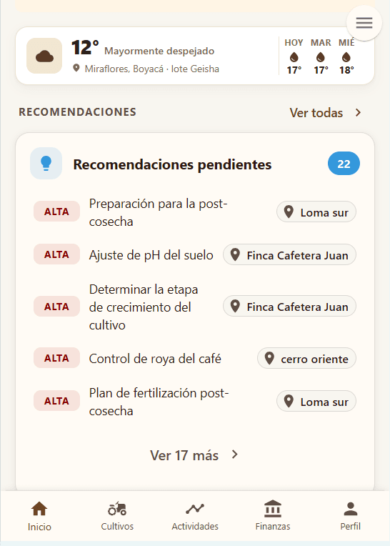 Pantalla de inicio de Koffibinz: clima del lote y recomendaciones