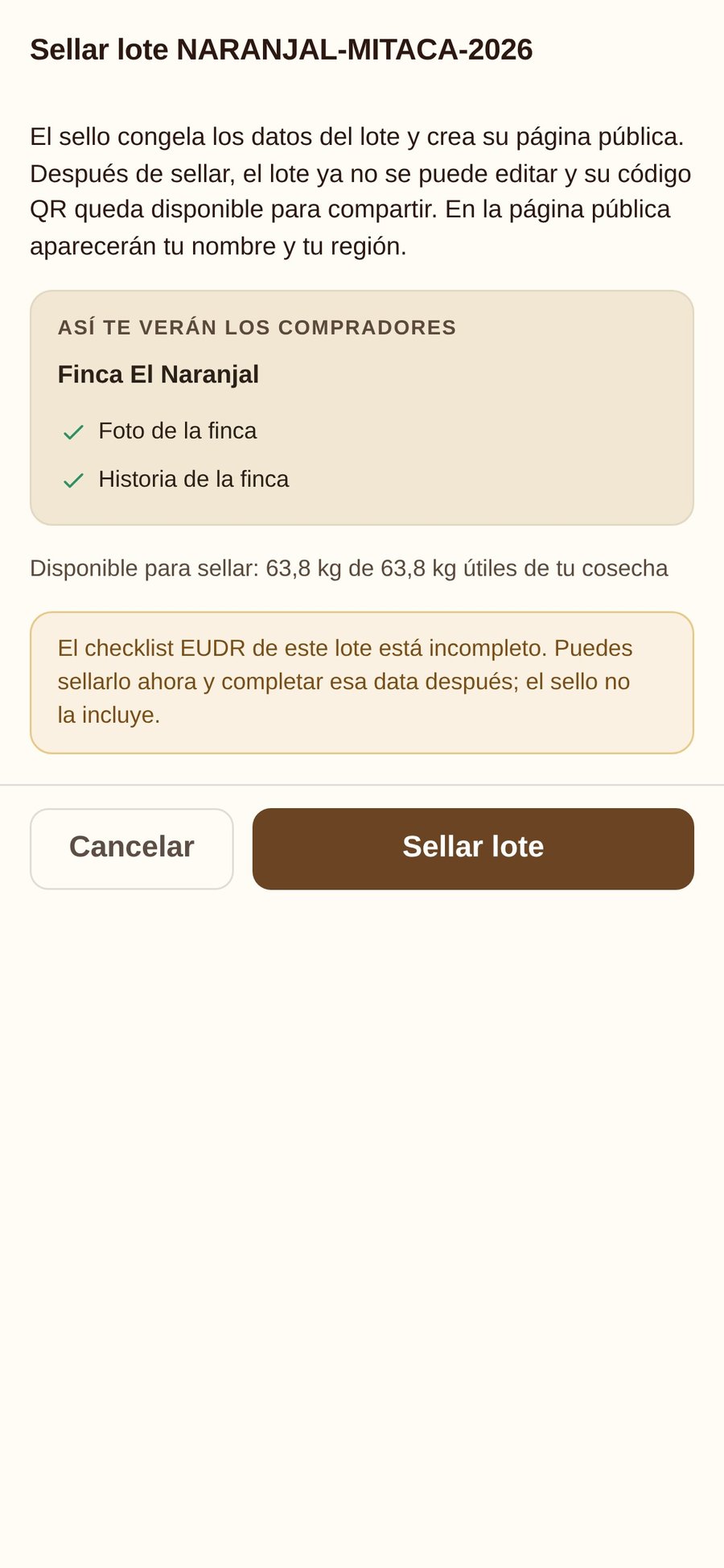 Diálogo de sellado de lote en Koffibinz con el bloque Así te verán los compradores