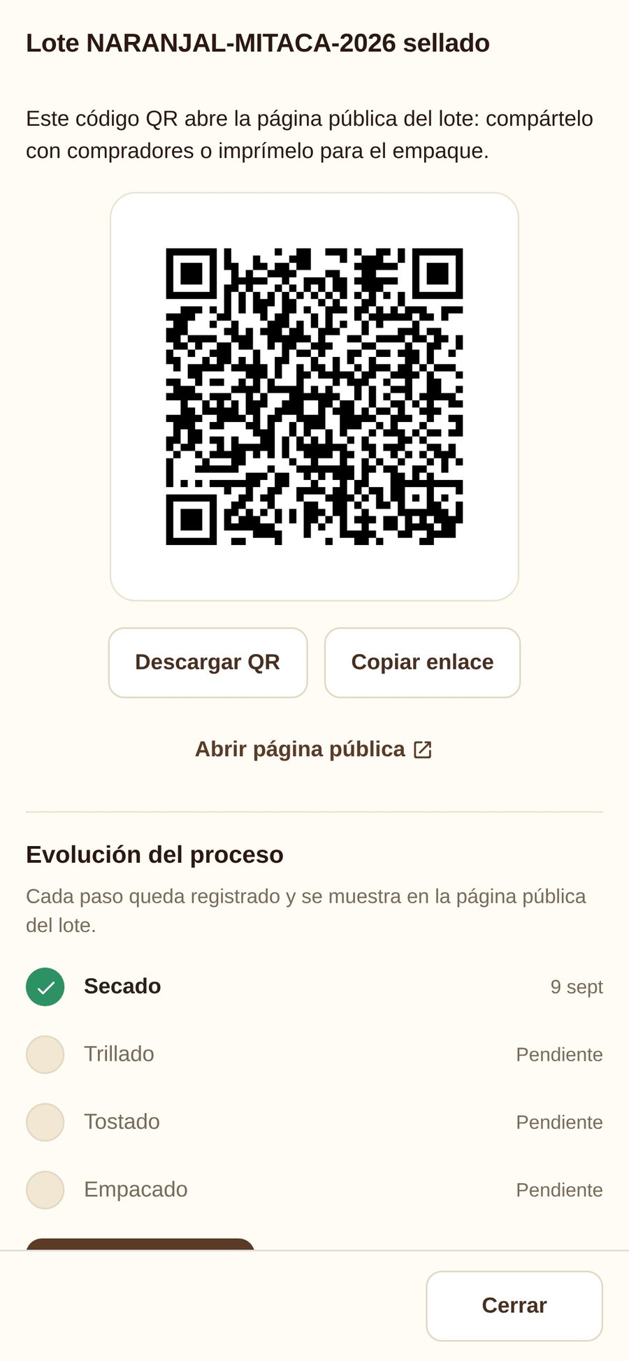 Lote de café sellado en Koffibinz con código QR y evolución del proceso