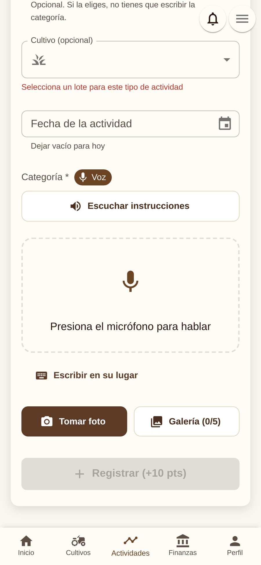 Registro de actividad por voz en Koffibinz: botón de micrófono para dictar la labor